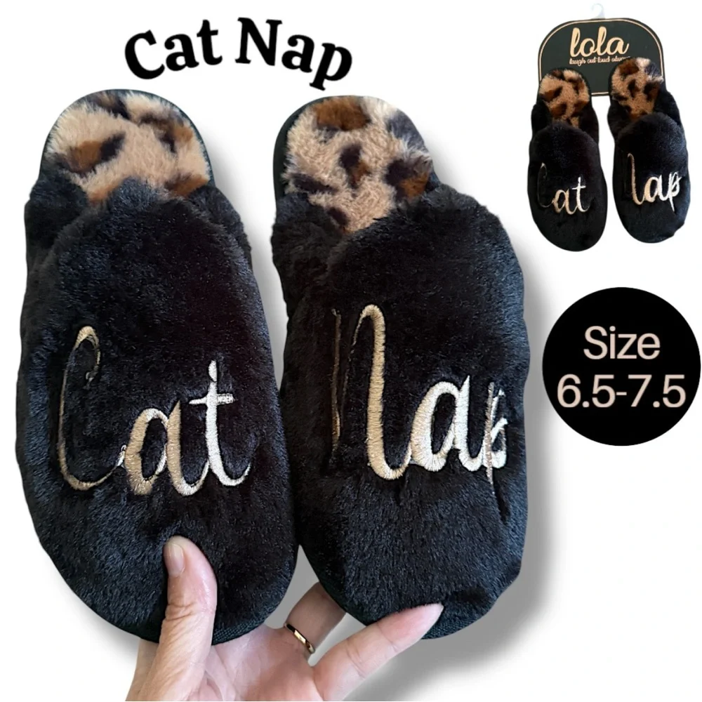 Women Slippers, New House Shoes, Black Brown Gold Embroidered Cat Nap Slippers